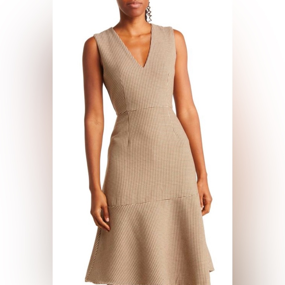 Maisie V-neck Sleeveless Midi Dress Houndstooth Cream Sand Brown Size L - Picture 2 of 13